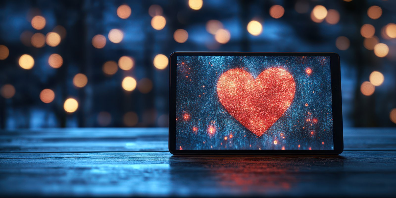 Heart shaped glow surrounded by warm lights creates a romantic atmosphere in a cozy setting